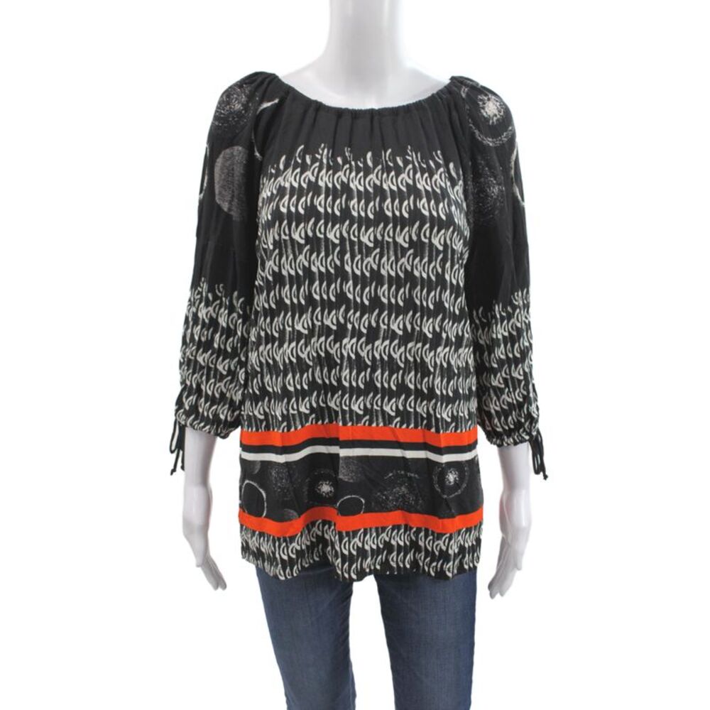 Save The Queen Women Boho Black Tunic Blouse 3/4 Sleeve Round Neck Size L
